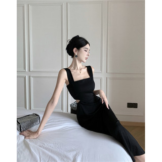Liasynn Phong Cách Pháp Cổ Vuông Sling Đầm Nữ Mùa Hè Phong Cách Pháp Sang Trọng Người Nổi Tiếng Cao Cấp Lộ Eo Váy Đen Lộn Eo Đầm Sling Dress