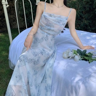 Màu xanh Pháp khí chất mảnh hoa treo đầm bãi biển giản dị bó Hepburn gió đầm đầm Lady mùa hè mới không tay áo