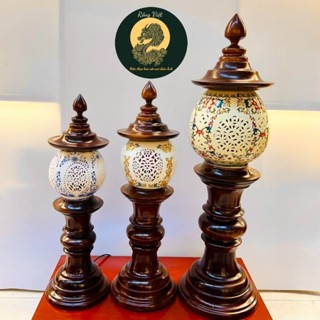 Đèn thờ gỗ bình sứ cao cấp RỒNG VIỆT,  Cặp đèn gỗ gụ bầu tròn trang trí ban thờ thần tài, gia tiên