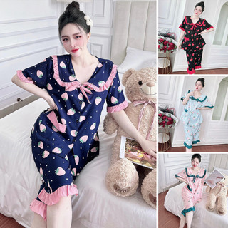 Đồ Bộ Lửng Nữ Mặc Nhà Pyjama Bigsize Chất Lụa Nhật Cổ Viền Bèo TRENDY 50-100kg