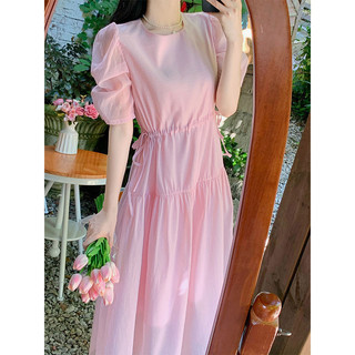 Phong Cách Pháp Cao Cấp Hồng Hepburn Phong Cách Đầm Mùa Hè Mới Retro Đơn Giản Màu Trơn Cổ Tròn Đầm Ngắn Tay Voan Nữ Quần Áo