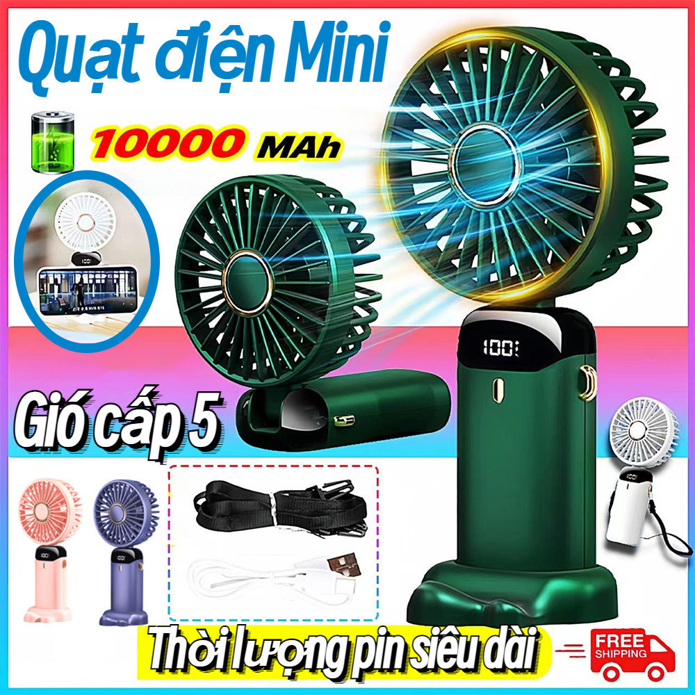 Quạt Sạc Mini Cầm Tay 10000mAh Xoay 90 Độ, Quạt Pin Sạc USB Công Suất Lớn Tản Nhiệt, 5 Chế Độ Gió. | BigBuy360 - bigbuy360.vn