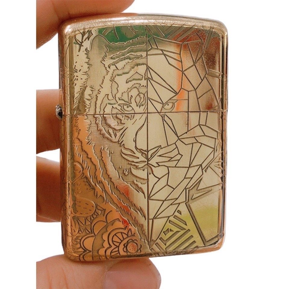 Vỏ Zippo Armor vỏ dầy, khắc chìm chủ đề Đầu Mãnh Hổ hai mặt , Hàng loại 1 vỏ bằng đồng có tem đỏ