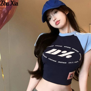 Zhu Xia Áo Thun Ngắn Tay Màu Tương Phản Phong Cách Hàn Quốc Cho Nữ