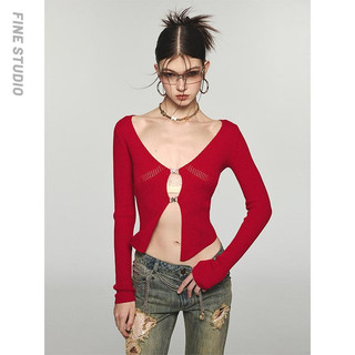 Lười Nguyên Chất Desire Màu Trơn Cổ Chữ V Ôm Ôm Hơn Nhìn Rỗng Đan Bên Ngoài Mỏng