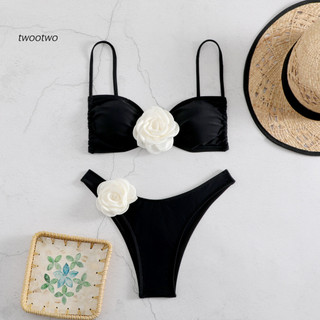 Nữ đi biển gợi cảm bikini top gợi cảm tắt vai bộ bikini phối ren có hoa trang trí cho nữ đi biển đồ bơi