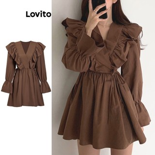 Đầm Lovito tay phồng cột dây viền nhún bèo màu trơn thường ngày cho nữ L74ED300