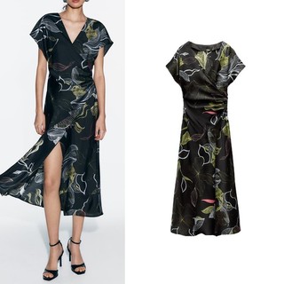 Zara Mùa Xuân Phong Cách Mới Pháp Retro Cổ Chữ V Bên Khe Lụa Satin Họa Tiết In Hình Quạt Váy Sáo 2398113