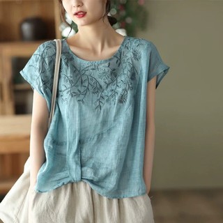 Văn học Retro Công nghiệp nặng thêu vải lanh Cotton Tính khí Áo sơ mi mỏng hàng đầu