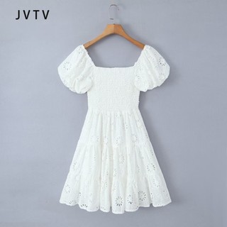 9632 Váy ngắn tay thêu rỗng cổ vuông phong cách Âu Mỹ dành cho nữ