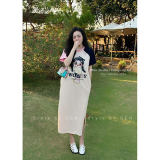 Váy Suông, Đầm Suông In Hình Cô Gái WOODY Phối Ba Màu Trẻ Trung Fom Rộng Dáng Dài Chất Cotton