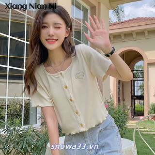 Áo thun ngắn tay thêu XIANG NIAN NI Love dành cho nữ áo len dệt kim mùa hè có nấm, xu hướng áo ngắn lưng cao thon gọn và sang trọng