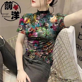 Áo thun ngắn tay nửa cổ cao dành cho nữ bên trong Slim-Fit Mùa hè 2024 Phong cách mới bó sát mỏng hoa hàng đầu