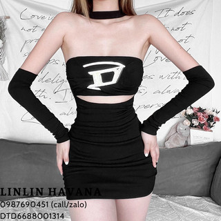 [Có sẵn] [Giá hủy diệt] Đầm Hai Dây Màu Trơn Cut Out Phần Chân Ngực Kèm Găng Tay