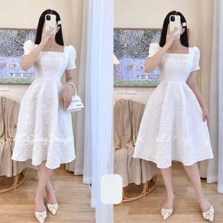 Đầm váy trắng cổ vuông hàng thiết kế siêu sang trọng