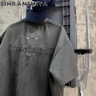 Sinransinya Áo thun nam mới kiểu Mỹ retro đường phố haute couture Harajuku chữ in chữ chéo trẻ trung và hợp thời trang tối giản cặp đôi cổ tròn 5 / 4 tay áo