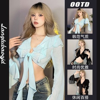 Hợp Thời Trang Phong Cách Mới Nguyên Chất Áo Thun Xù Nữ Ôm Hơn Nhìn Dài Tay Hot Girl Top Rốn Mở Rộng Eo Cao Desire Khâu 2024 Phong Cách Ngắn NGXS