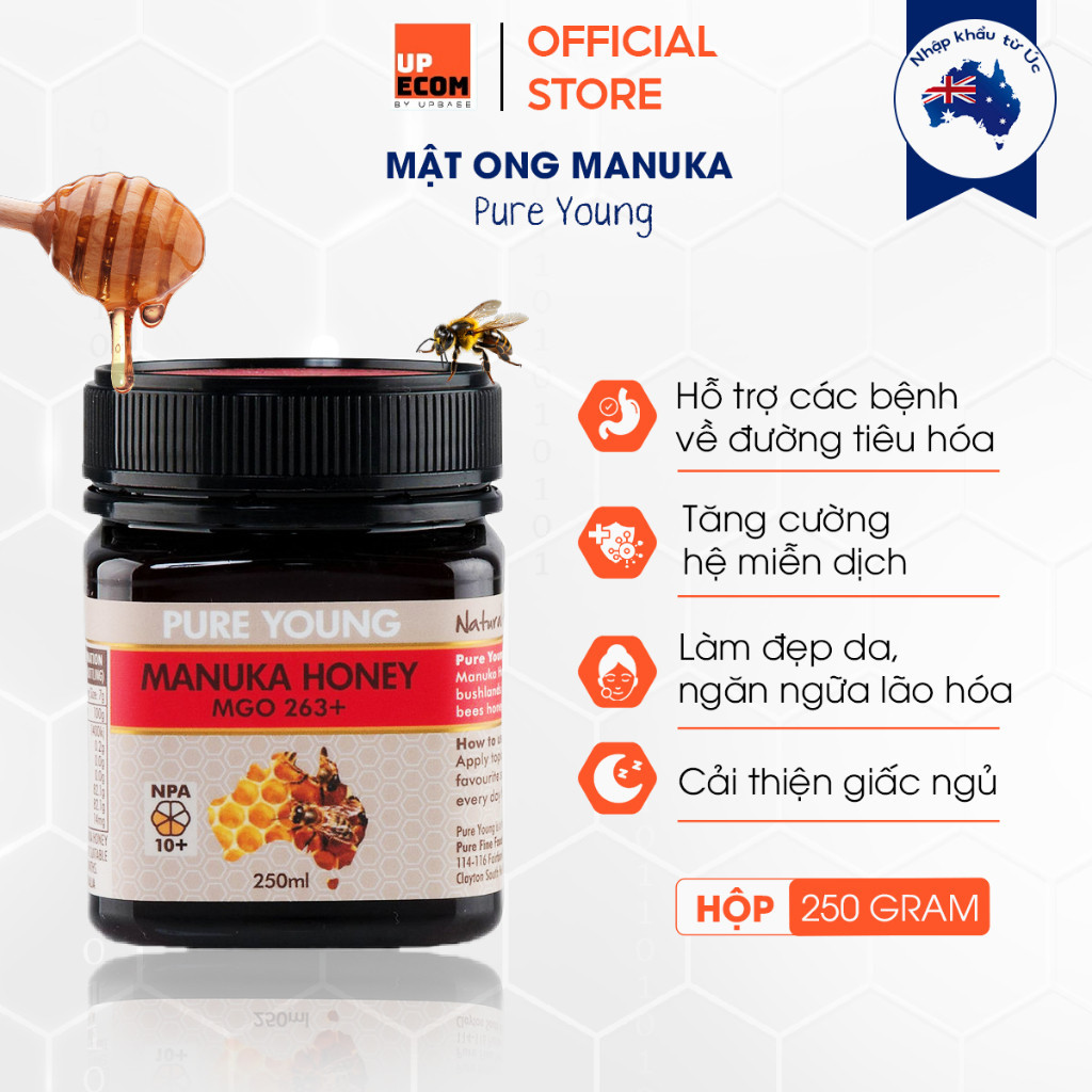 Mật ong MANUKA Pure Young NPA/UMF 10+ MGO 263+ hỗ trợ cải thiện tiêu hóa, giúp da khỏe đẹp hũ 250gr