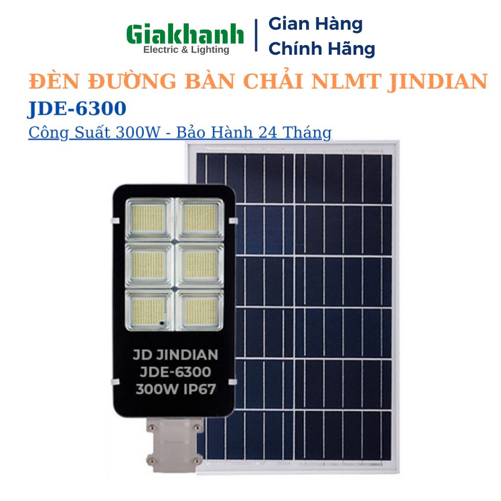 Đèn Năng Lượng Mặt Trời Đèn Đường Bàn Chải NLMT Jindian JDE-6300 Công Suất 300W Khung Nhôm Chip Led 