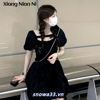 Xiang NIAN NI Summer 2024 váy đen nhỏ kiểu Pháp phong cách mới, thiết kế phong cách cung điện, giảm béo eo, váy ngắn tay nơ dành cho nữ