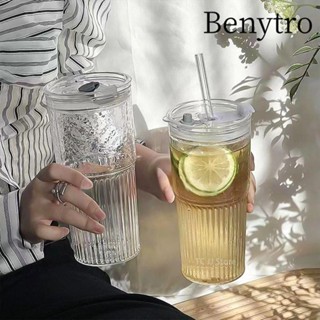 Benytro Cốc thủy tinh sọc 600ml, có nắp và ống hút Đồ uống uống uống nước, Kính trong suốt thời trang Cốc cà phê chịu nhiệt dung tích lớn cho nước ép trà sữa