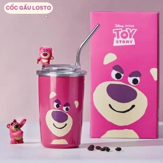 Cốc giữ nhiệt gấu dâu Losto tiện dụng kèm túi và ống hút bằng thép không gỉ, inox 304 cao cấp dung tích 450ml