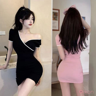 Phụ Nữ Cổ Chữ V Tương Phản Khâu Không Đều Tay Ngắn Ôm Gợi Cảm Quấn hông Đầm