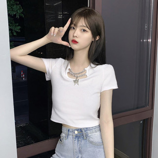 2024 New Short sleeved Women's T-shirt Top with Hollow Chain Open Belly Button Top
