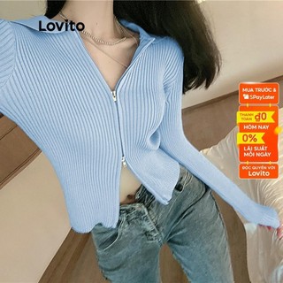(Gợi ý từ KOL) Lovito Áo cardigan dương trơn đơn giản dây khóa kéo phong cách thường ngày L07093 (màu xanh)