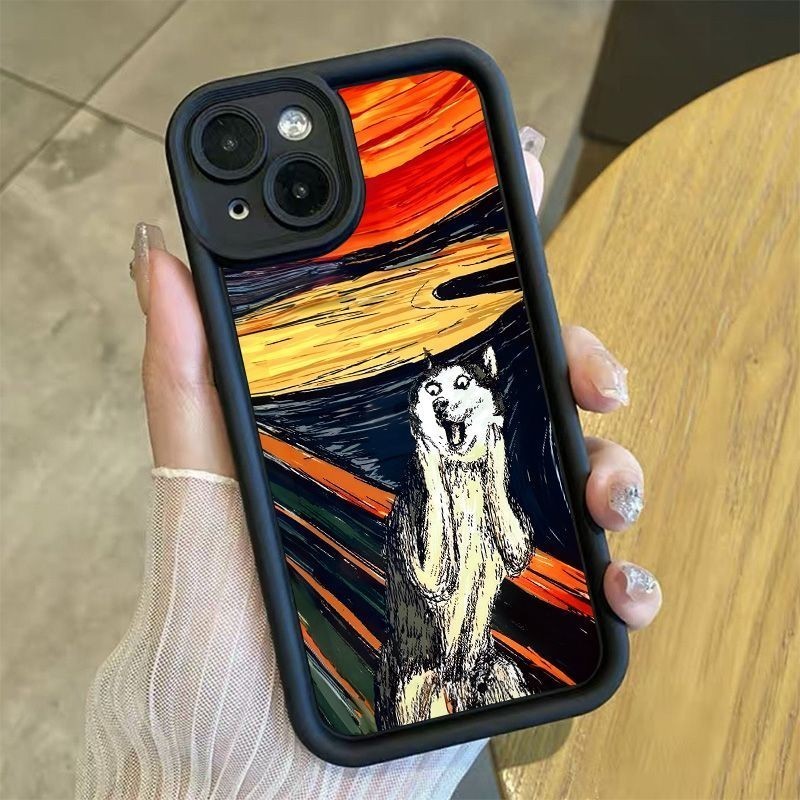 Thích hợp cho IPhone 11 12 Pro Max X XR XS Max SE 7 Plus 8 Plus IPhone 13 Pro Max IPhone 14 15 Pro Max Ốp điện thoại Munch Tranh vẽ la hét Siberian Husky Chú chó vui nhộn