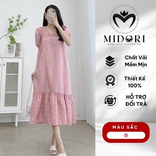 Đầm bầu, Váy bầu babydoll kẻ caro cổ V thiết kế đi dự tiệc công sở dáng dài suông siêu xinh