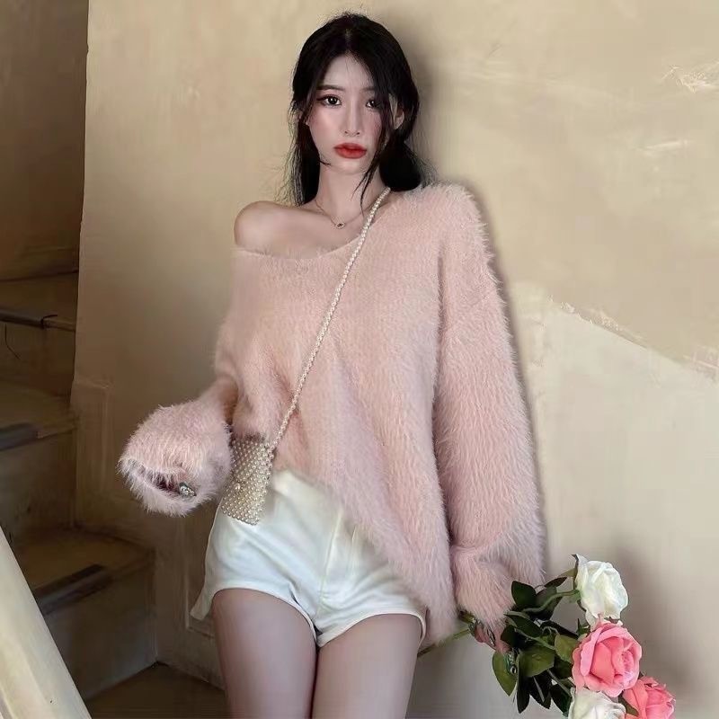Áo len lông thỏ cổ chữ V trễ vai rộng rãi dài huy hiệu bán trực tiếp tại trung tâm mua sắmdệt kim | BigBuy360 - bigbuy360.vn