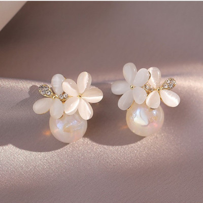 Thời Trang Mềm Kim Sang Trọng Opal Hoa Người Làm Ngọc Trai Bông Tai Trang Sức Cho Nữ Retro Đơn Giản Phong Cách Pháp Bông Tai PD2106