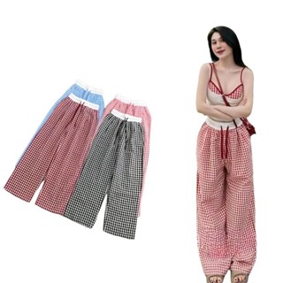  Quần kẻ ô ống suông cạp chun co giãn có dây rút trắng chất đũi nhăn dưới 56kg dễ phối đồ 