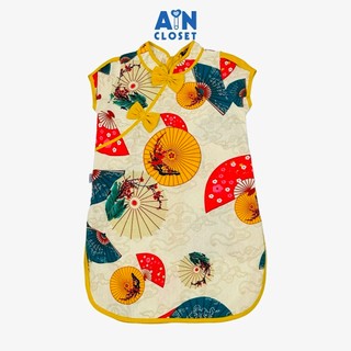 Đầm sườn xám bé gái họa tiết quạt giấy vàng linen - aicdbgairjlf - ain closet