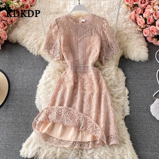 Kdkdp Thời trang mùa thu phong cách mới váy cổ tròn ngắn tay ren rỗng eo cao Váy chữ A