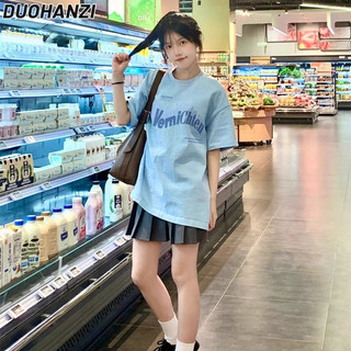 Áo thun nữ DUOHANZI màu xanh in hình cotton ngắn tay