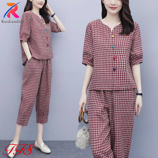 Váy hai mảnh nữ Ruidian store, váy giản dị 100kg tay ngắn cổ chữ V + quần ca rô bỏ túi