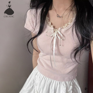 Crlnhc Áo Thun dây rút trơn thông thường cho áo kiểu áo đi chơi Nữ Cổ Tròn Tay Ngắn Ôm Crop Top vn