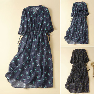 Ayyufe Cổ Chữ V 3 / 4 Tay Dây Rút Thắt Lưng Cao Cấp Chảy Viền Đầm Lanh In Hoa Rời Midi Retro Đầm Dạo Phố