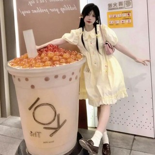 Ngọt Ngào Phong Cách Học Viện Nhỏ Dễ Thương Cổ Búp Bê Sữa Vàng Đầm Nữ Rời Tuổi Giảm Váy Chữ A