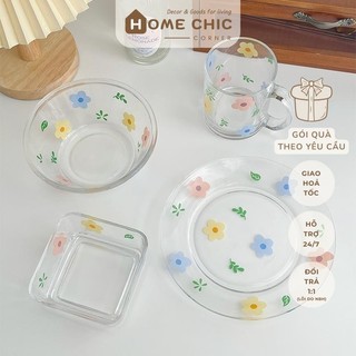 Set cốc bát đĩa thuỷ tinh in hình hoạ tiết hoa xinh xắn (có tách set) | HOME CHIC CORNER