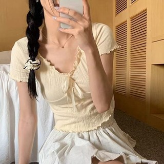 Áo thun nữ / hot girl / phong cách ngắn / mùa hè / xếp li / cạnh nấm / đơn giản / thời trang / ngọt ngào / mỏng / phong cách mới / áo / tay ngắn MYKW