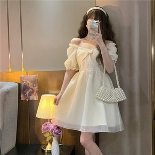 Váy Cottagecore Váy BabyDoll Xinh Dự Thiết Váy Trắng kế Cảm giác ngọt ngào eo hẹp mỏng hơn Váy ngắn kiểu Pháp Retro tay phồng cổ vuông