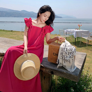 Oeggeo Áo bay mùa hè dành cho nữ váy dài không tay mâm xôi