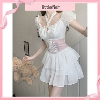 [Littlefish] Mùa Xuân 2024 Du Lịch Sang Trọng Cô Gái Hot Girl Tay Ngắn Ôm Hơn Váy Váy Cô Gái Nguyên Chất Desire Phong Cách Trắng Hồng Corset Bộ Đồ Hai Mảnh
