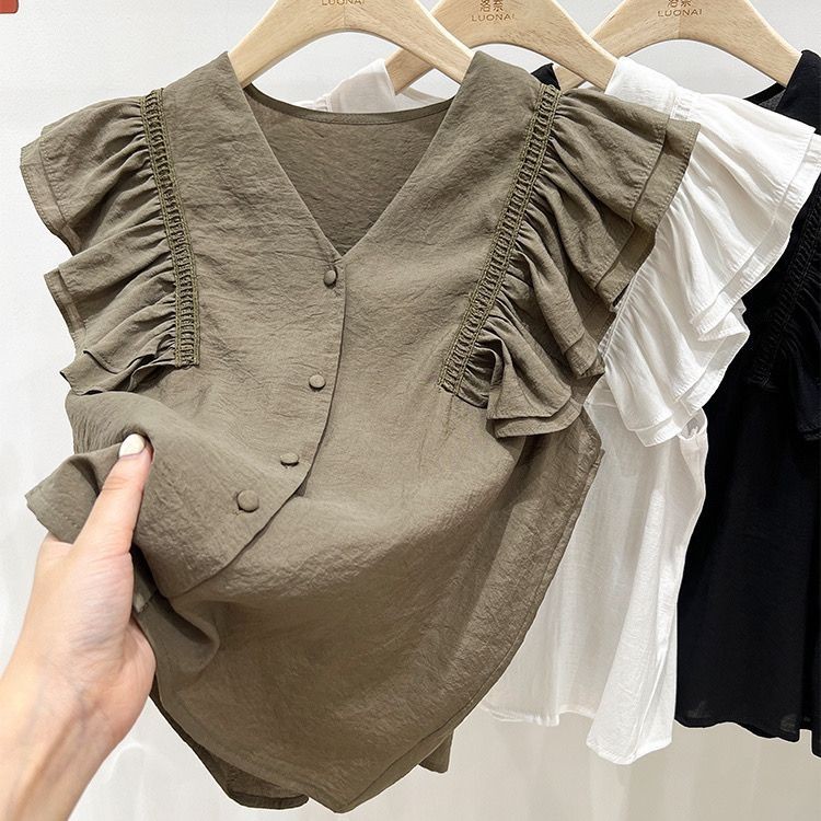 Áo Sơ Mi Voan Ren Nữ Nhỏ Bay Tay Pháp Xù Cổ Chữ V Xương Cổ Cao Cấp Không Tay Top Nữ