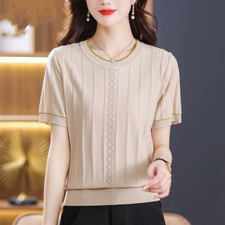 Áo thun ngắn tay lụa băng mỏng mùa hè cao cấp dành cho nữ phiên bản Hàn Quốc dáng rộng mỏng hơn trông mỏng rỗng dệt kim nữ