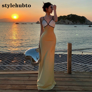 Stylehubto Niche Đi Biển Kỳ Nghỉ Tiệc Sinh Nhật Gợi Cảm Lưng Màu Vàng Satin Suspender Đầm A733