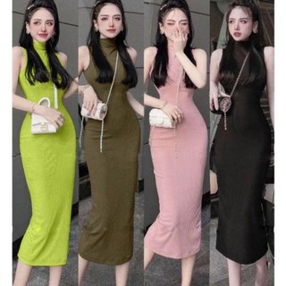 B03 đầm váy nữ cổ cao ba lỗ sát nách chất tăm lạnh Quảng Châu mềm dáng dài maxi u